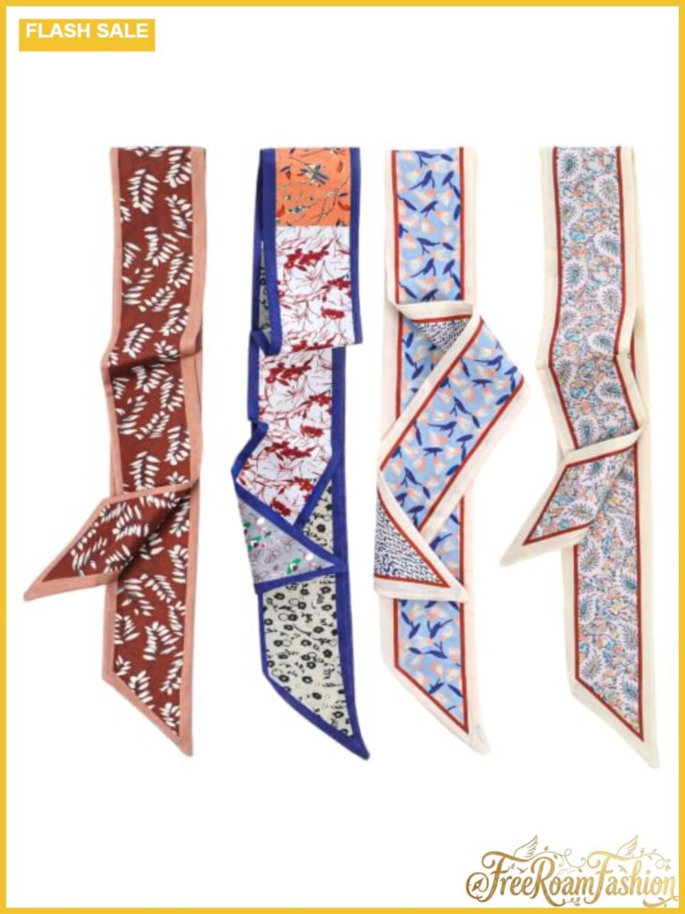Satin Skinny Hair Scarf 4 Pc Floral Print Multi-Use Neck Purse Accessory